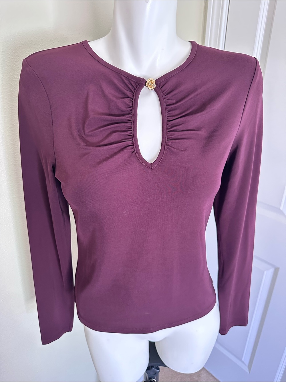 Frame Denim Long-Sleeve Keyhole Top in Plum with Gold Accent